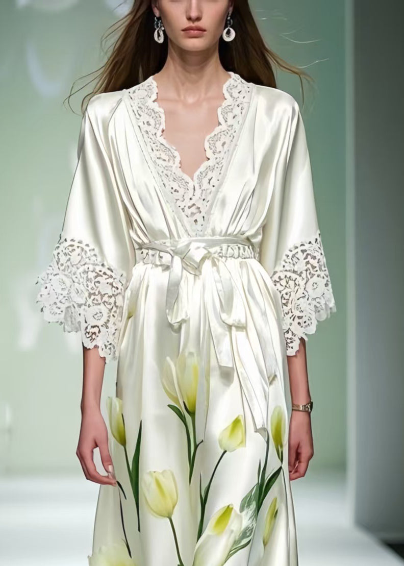White Print Patchwork Lace Tunic Dress Summer