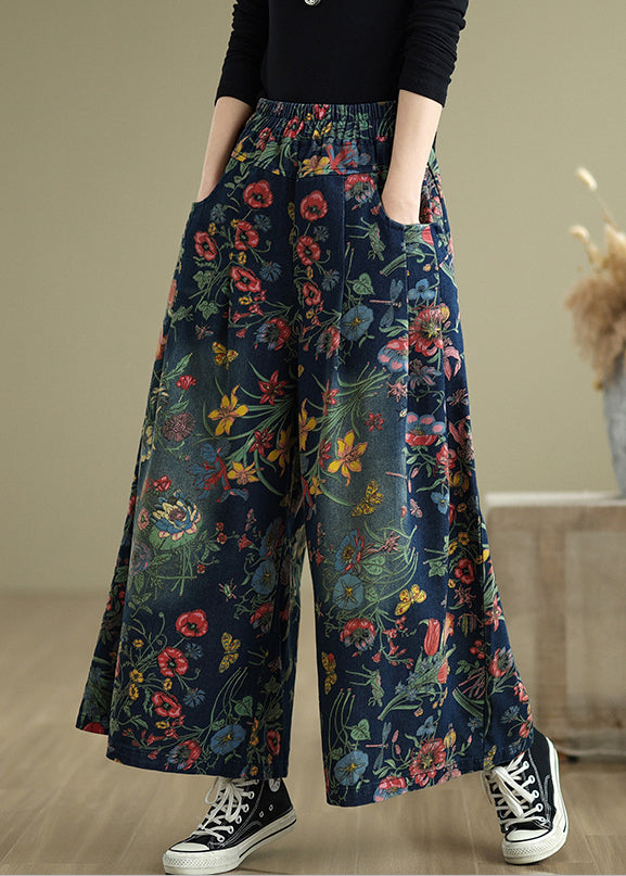 Navy Oversized Print Denim Wide Leg Pants Summer