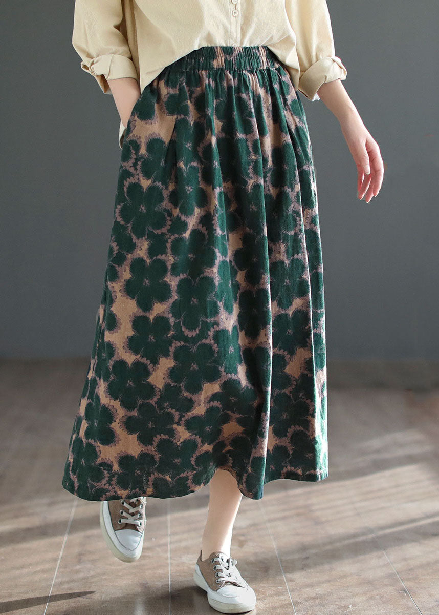 Green Wrinkled Pockets Print Patchwork Cotton Skirts Summer