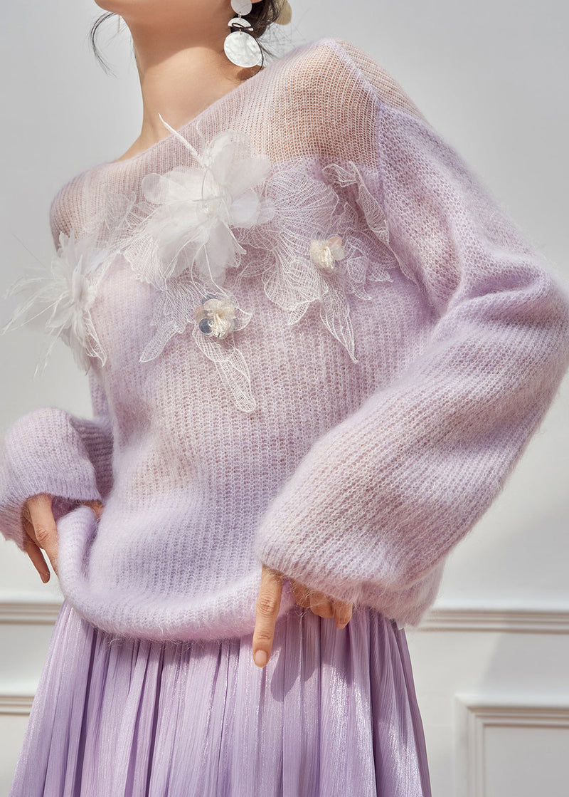 Italian Purple Hollow Out Patchwork Knit Sweater Spring