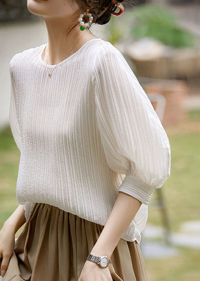Simple White Wrinkled Silk T Shirt Lantern Sleeve
