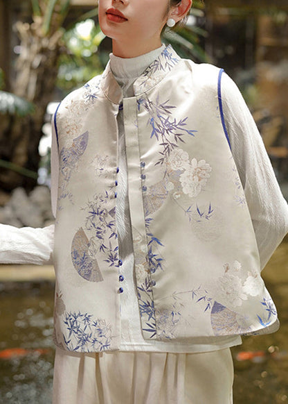 Khaki Stand Collar Jacquard Fine Cotton Filled Silk Vest Sleeveless