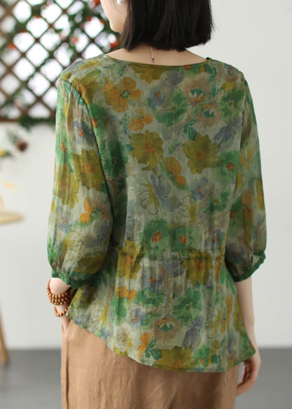 Green O-neck Print Drawstring Tie Waist Ramie Top Long Sleeve