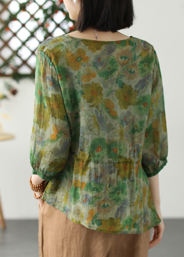 Green O-neck Print Drawstring Tie Waist Ramie Top Long Sleeve
