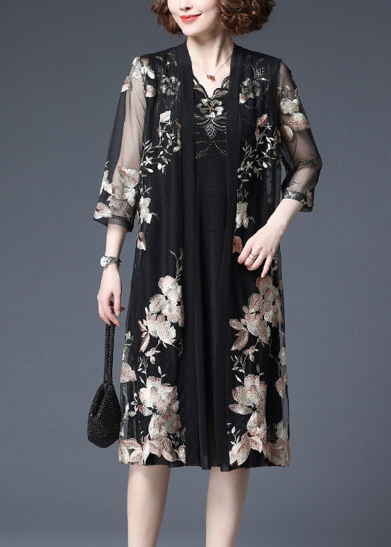 Yellow Embroideried V Neck Tulle Cardigans and Tank Dress Two Piece Set Half Sleeve