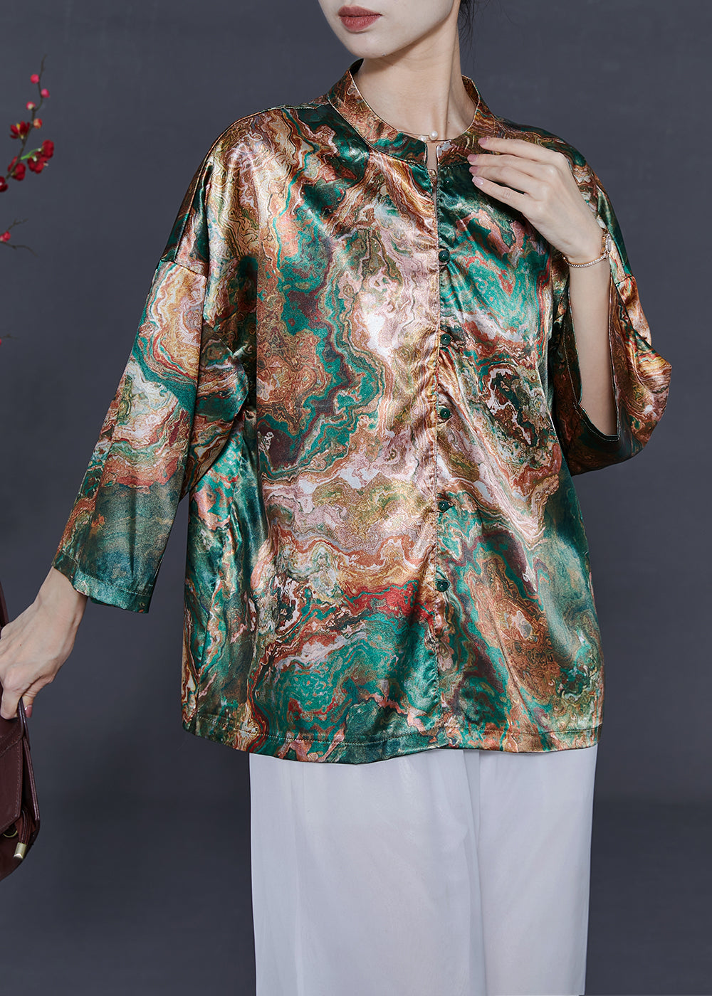 Stand Collar Print Silk Shirt Bracelet Sleeve