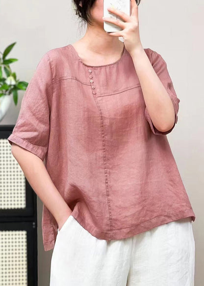 Caramel O Neck Patchwork Linen T Shirts Summer
