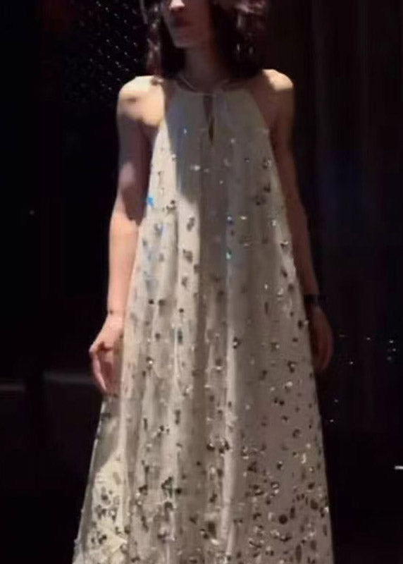French Halter Sequins Line Maxi Spaghetti Strap Dress Sleeveless