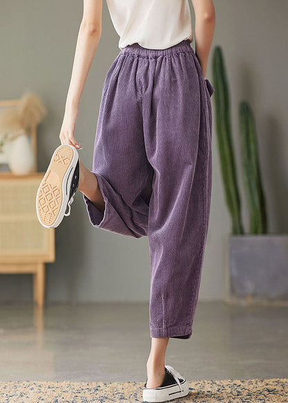 Purple Elastic Waist Pockets Corduroy Pants Spring