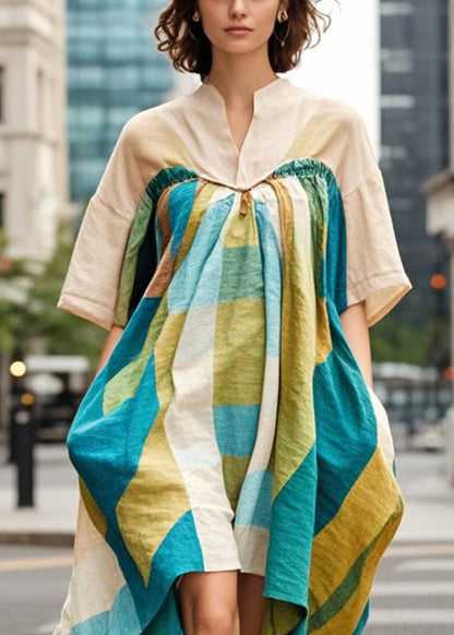 Khaki Asymmetrical Print Cotton Robe Dresses Summer