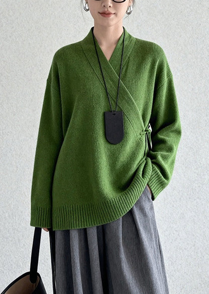 Tea Green Tie Waist Knit Sweaters Winter