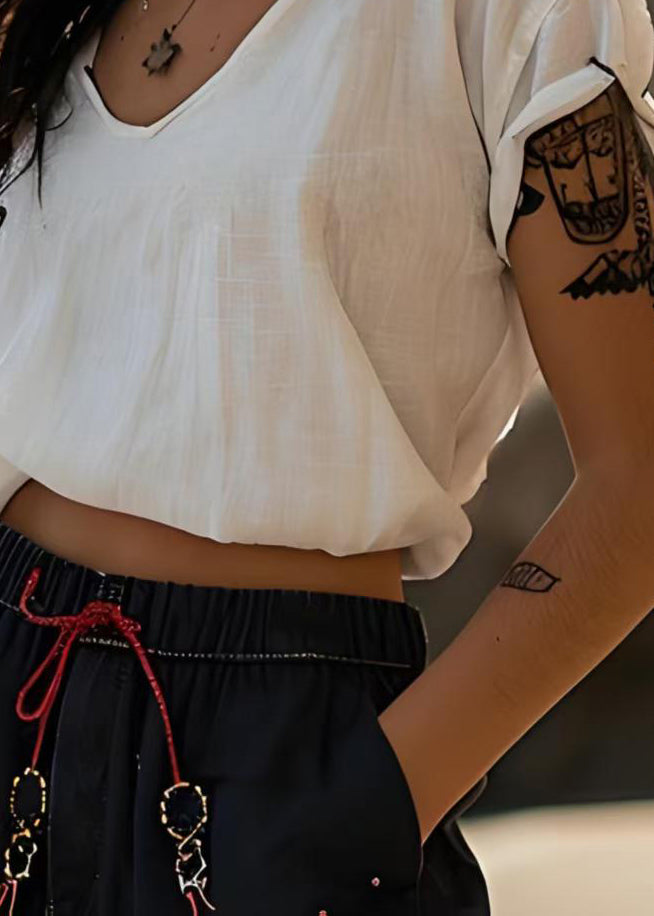 Stylish White V Neck Cotton Short T Shirts Tops Summer