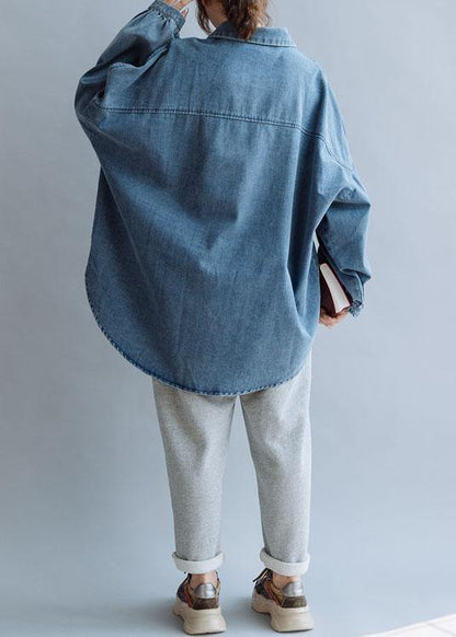 French Low High Design Cotton Shirts Pattern Denim Blue Blouse Fall