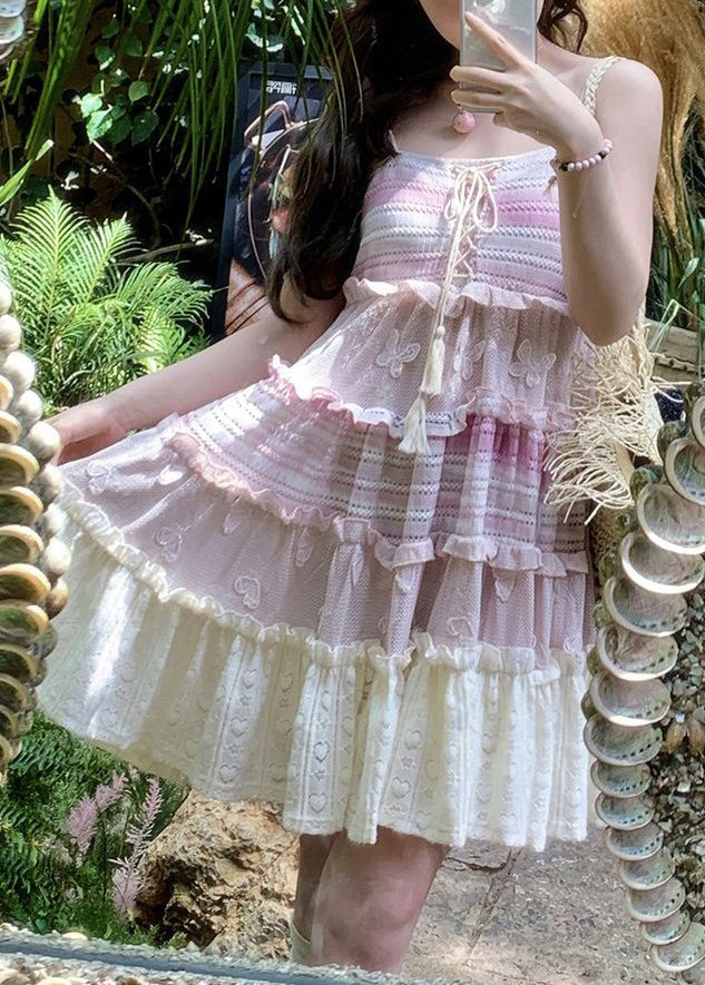 Pink Lace Up Ruffled Knit Mid Dress Sleeveless