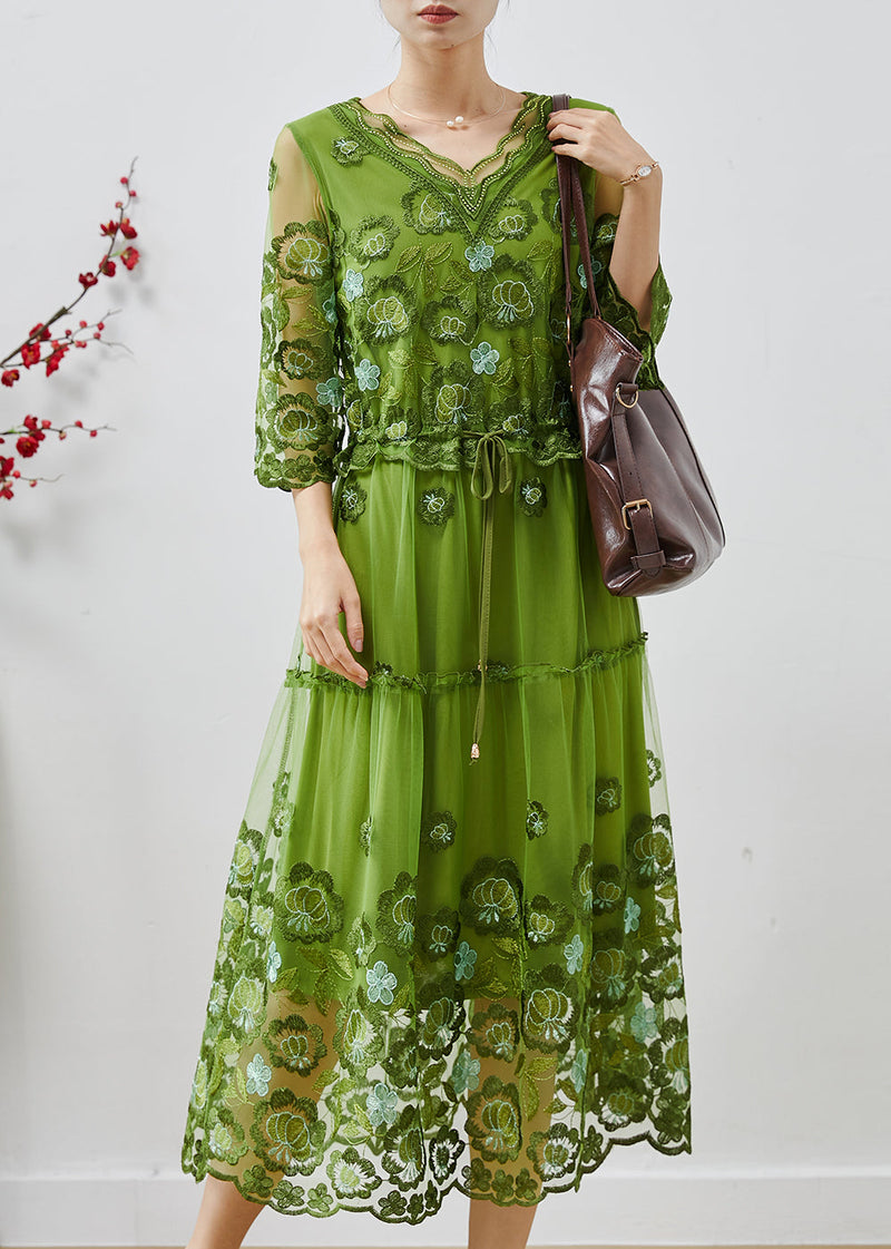 Green Embroidered Tulle Cinched Dress Summer