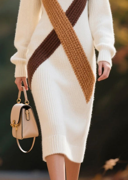 White Turtle Neck Patchwork Warm Sweater Dress Winter
