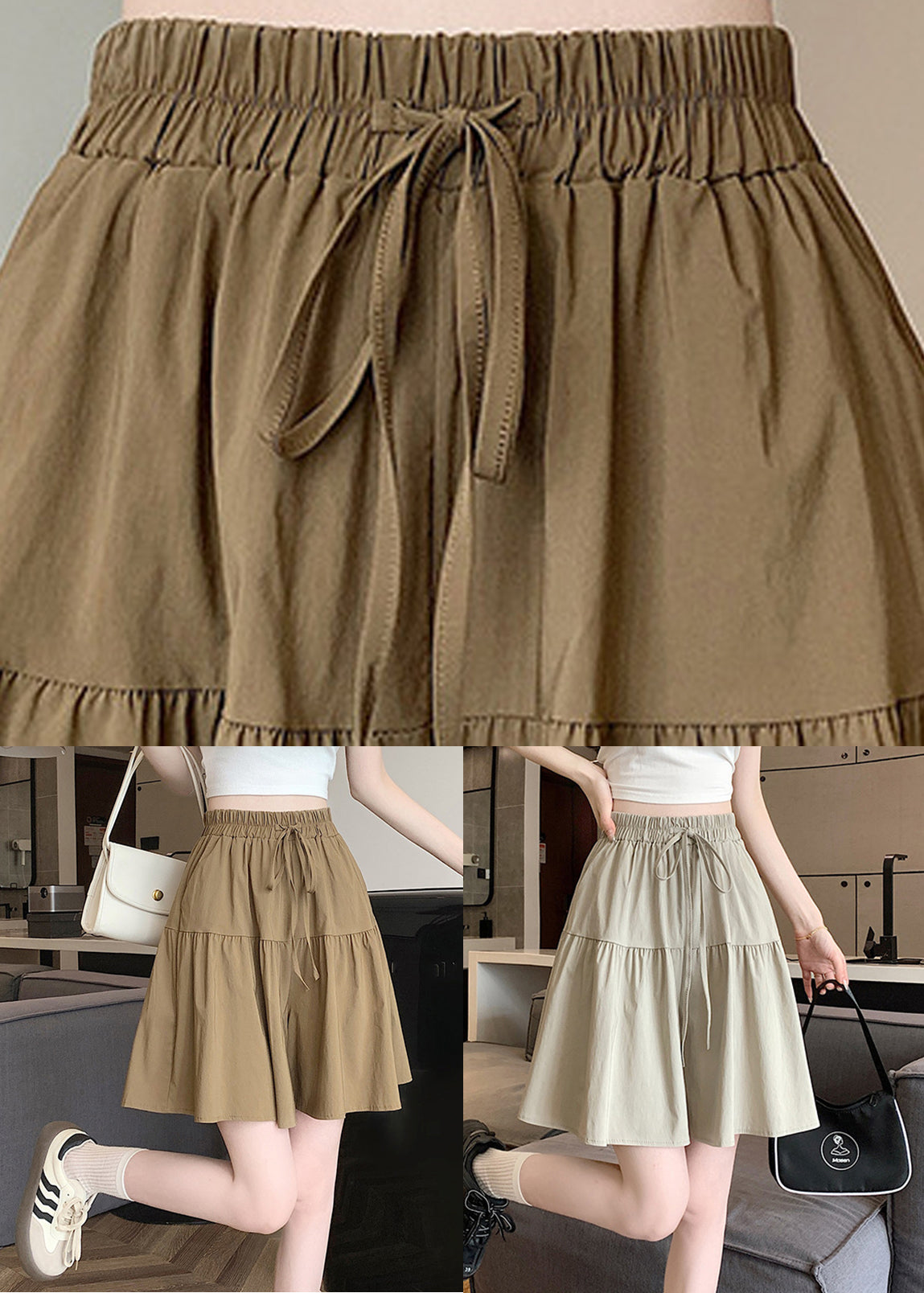 Khaki Pockets Elastic Waist Cotton Shorts Summer