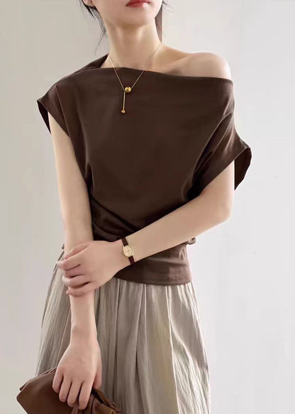 Coffee Cotton Summer T Shirts Cold Shoulder