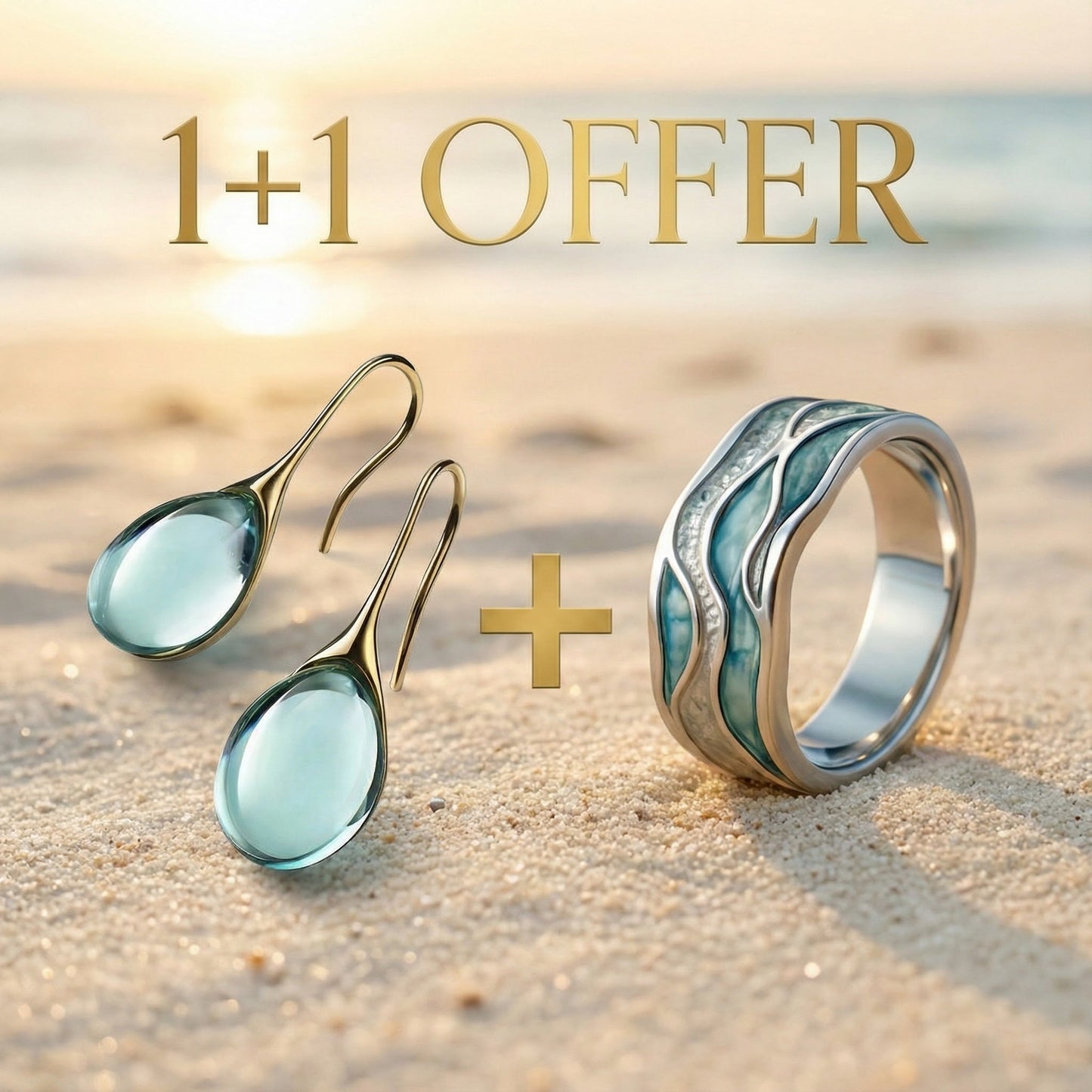 1+1 Offer: Aurora Ocean Beach Wave Ring + Crystal Drop Earrings in Gold and Silver