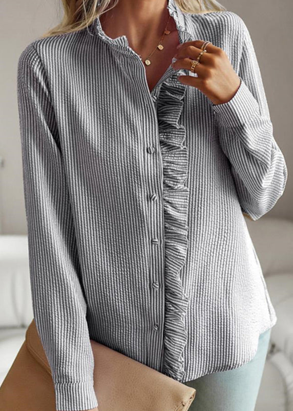 Black Stand Collar Ruffled Shirts Lantern Sleeve
