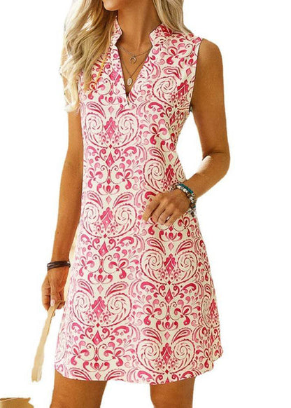 Stylish Pink V Neck Print Cotton Mid Dress Sleeveless