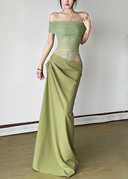 Green Wrinkled Tulle Patchwork Maxi Dresses Summer