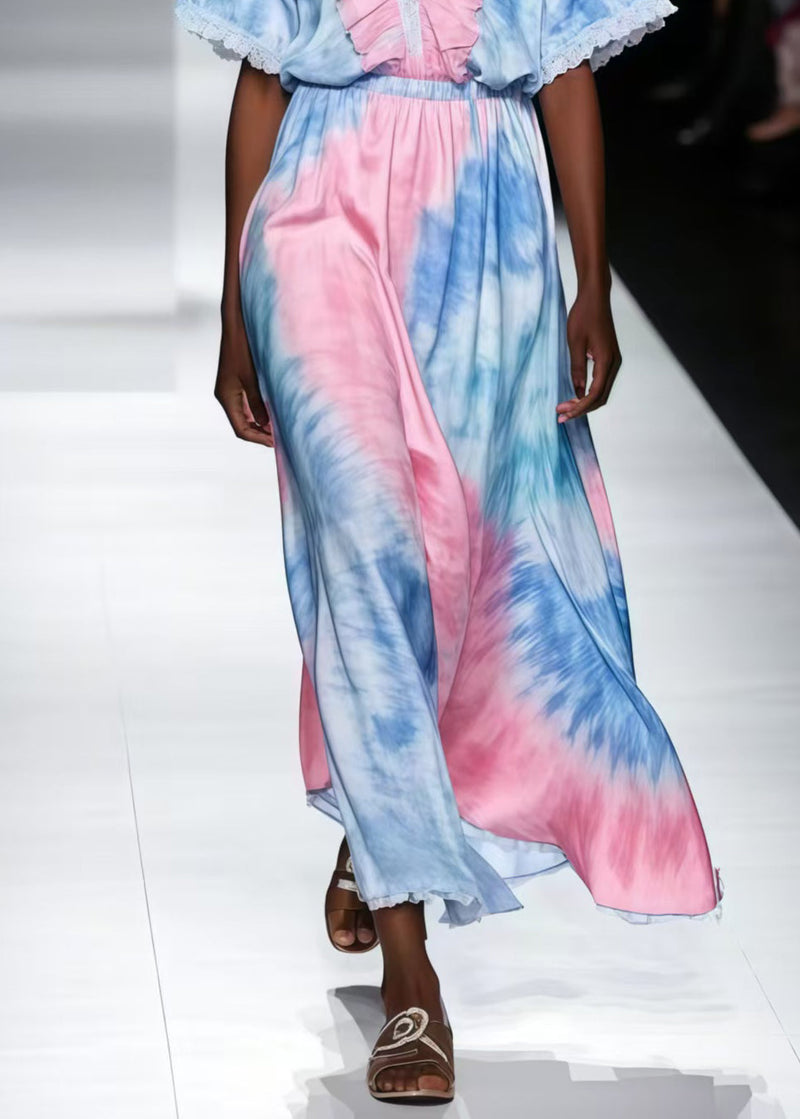 Rainbow Ruffled Tie Dye Chiffon Maxi Dress Summer
