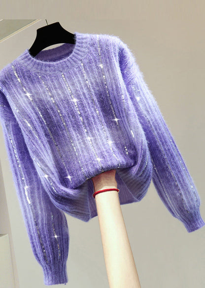 Modern Purple O-neck Sequins Cotton Knit Sweater Winter
