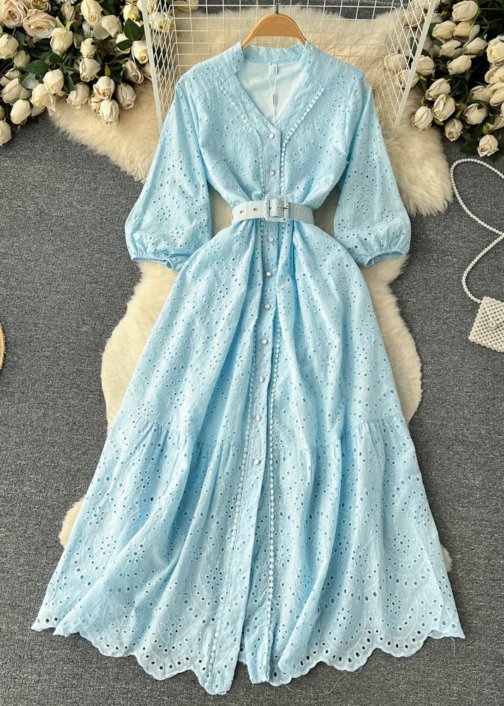 Purple Button Hollow Out Cotton Shirts Dress Long Sleeve
