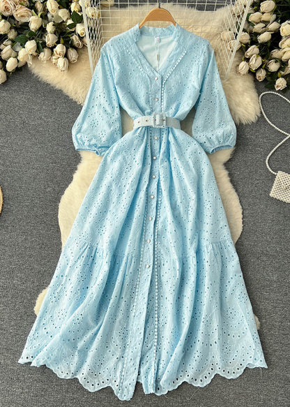 Purple Button Hollow Out Cotton Shirts Dress Long Sleeve