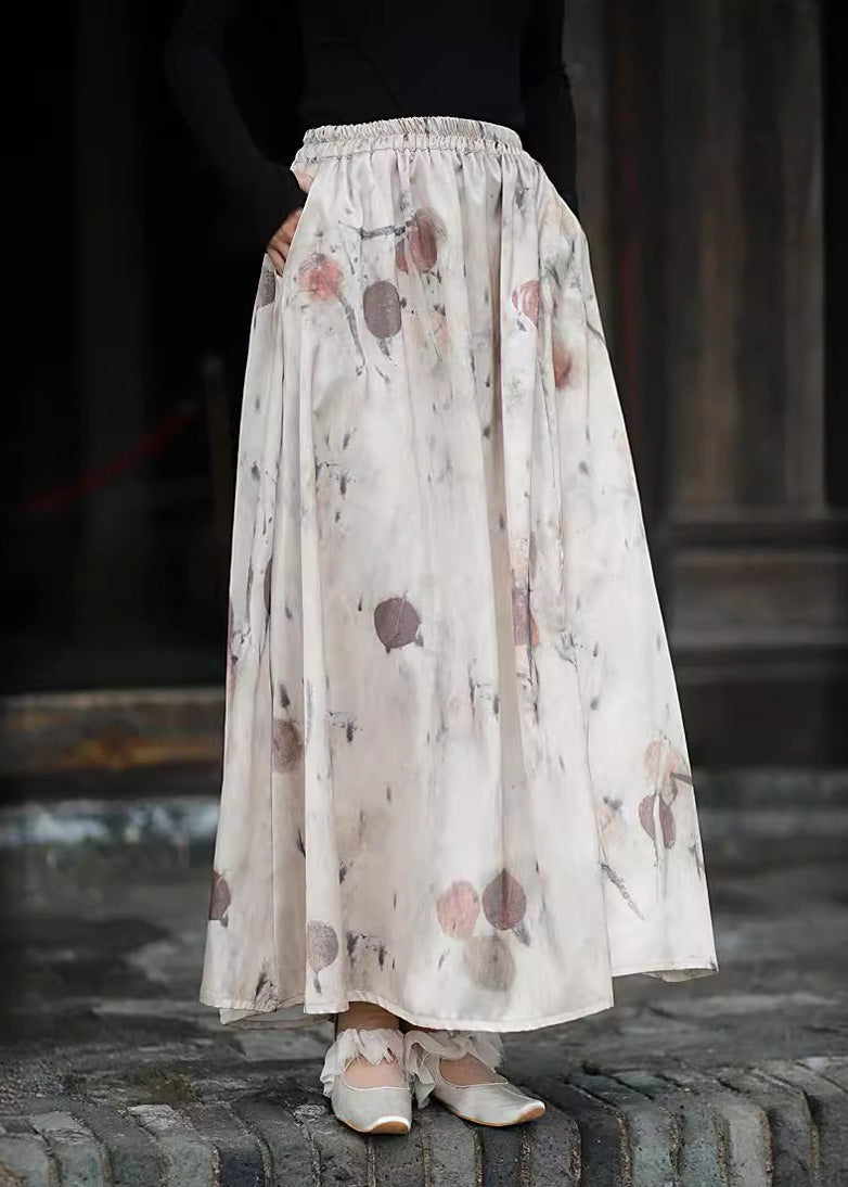 New Print Pockets Elastic Waist Silk Skirts Summer