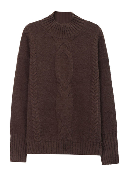 Coffee Half Hign Neck Thick Patchwork Knitted Sweaters Fall