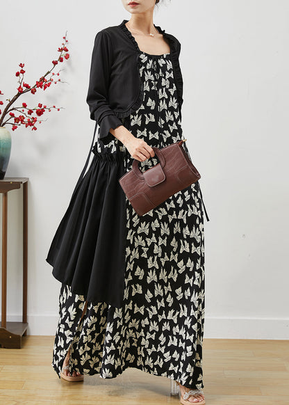 Black Ruffled Print Chiffon Dress Two Pieces Set Summer