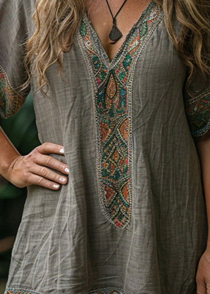 Loose Grey V Neck Print Cotton Mid Dresses Summer
