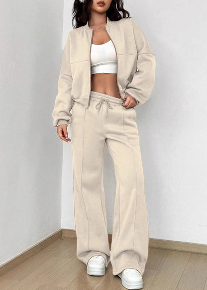 Apricot Zip Up Tops and Pants Cotton Two Piece Set Fall