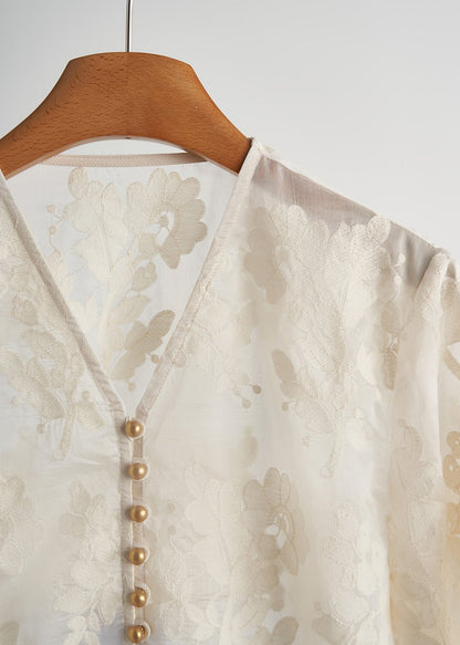 White Jacquard Nail Bead Lace Tops Fall