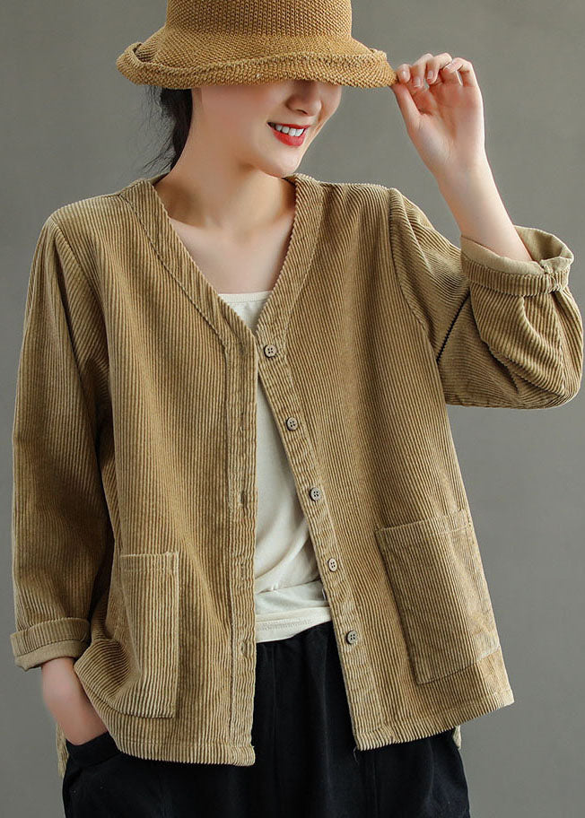 Khaki Button V Neck Corduroy Coats Spring
