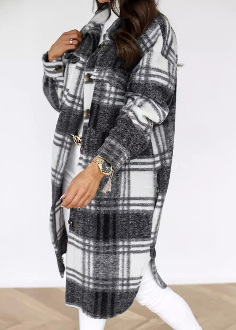 Black Peter Pan Collar Plaid Woolen Shirts Coat Spring