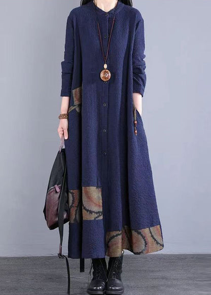 Navy Stand Collar Patchwork Cotton Long Dress Fall