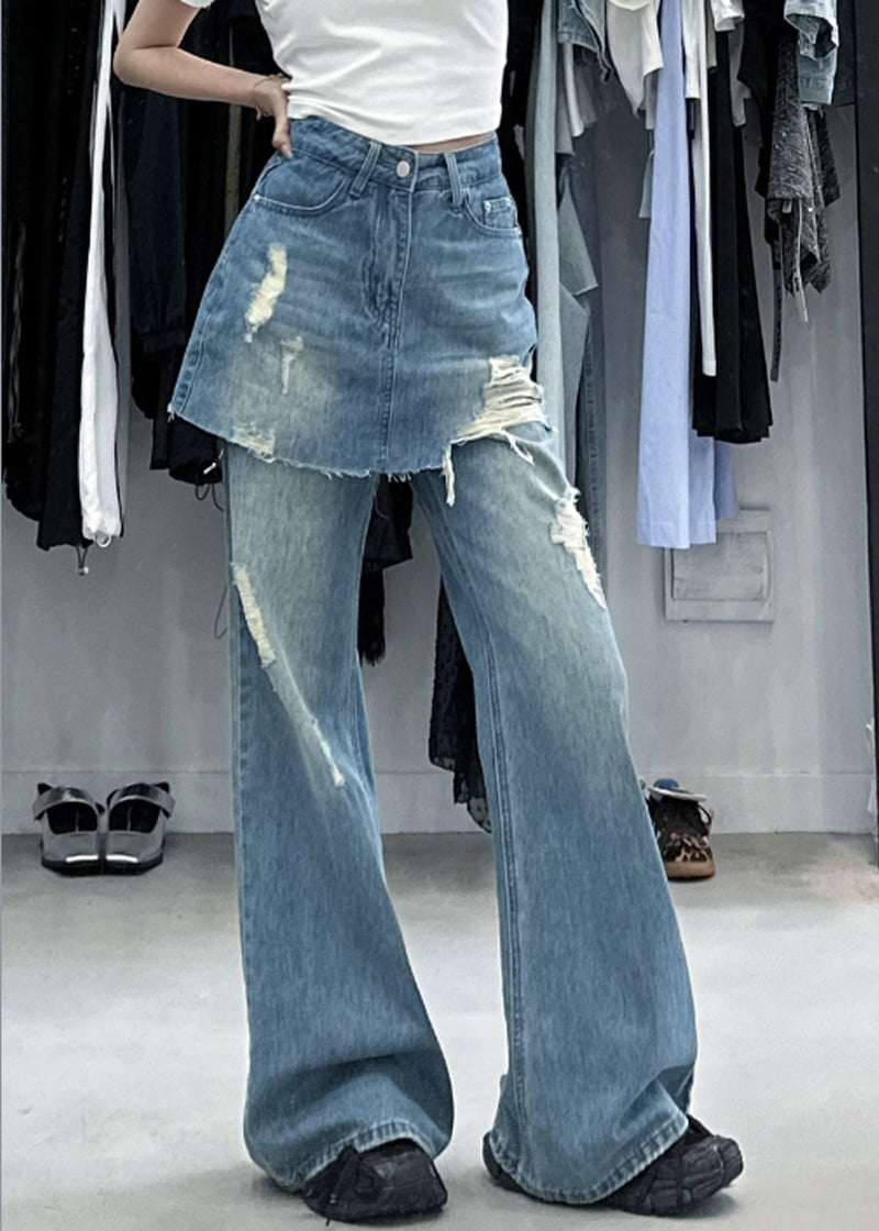 Blue False Two Pieces High Waist Denim Pants Summer
