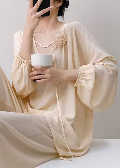 Apricot Oversized Cotton Fall Pajamas Two Pieces Set V Neck