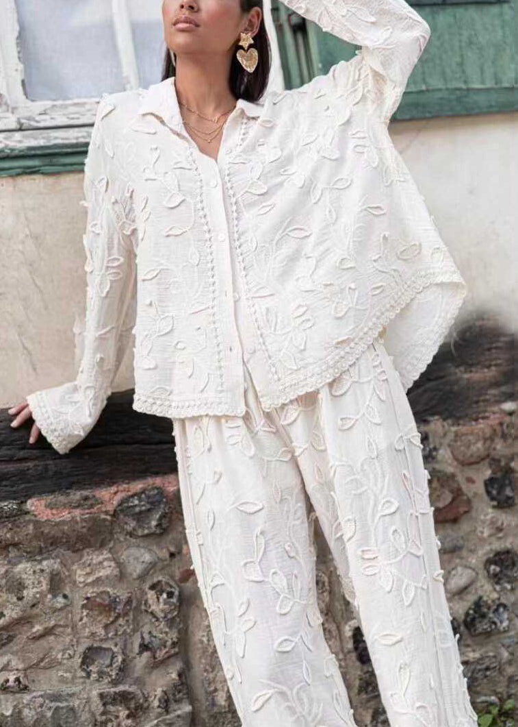 Jacquard White Button Cotton Shirts and Pants Sets 2 Pieces Long Sleeve