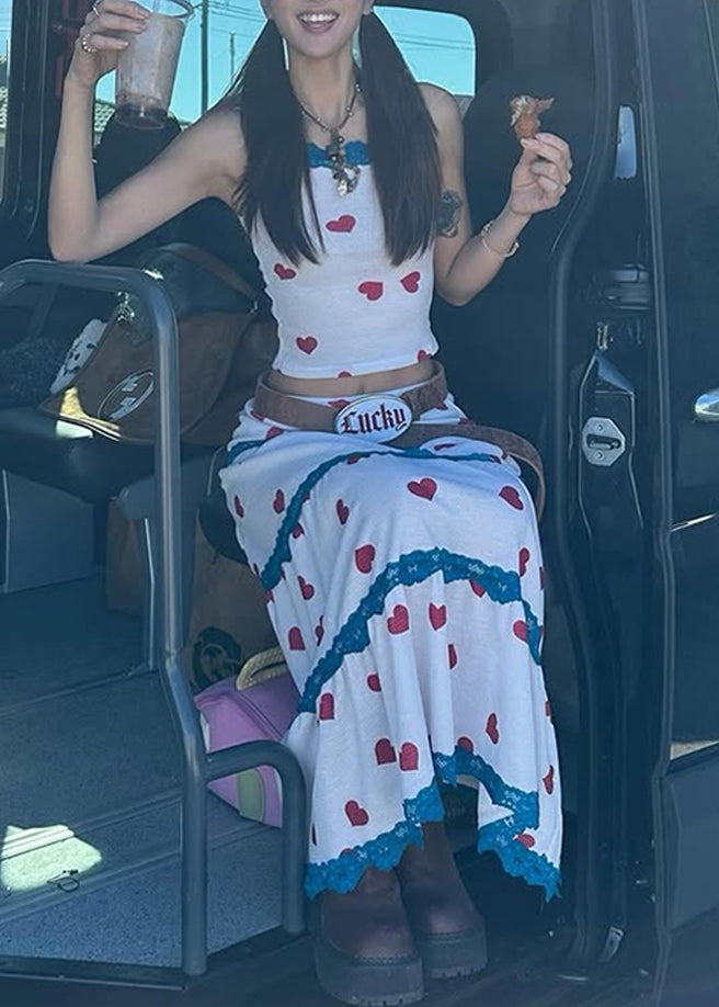 White Print Vest and Maxi Skirts Two Pieces Set Summer