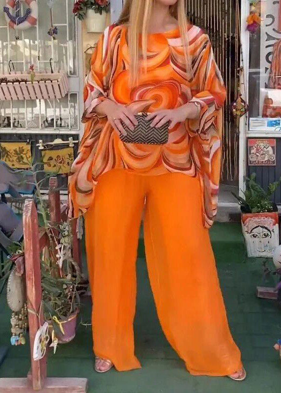 Natural Yellow O-neck Asymmetrical Print Top and Wide Leg Pants Two Pieces Set Fall