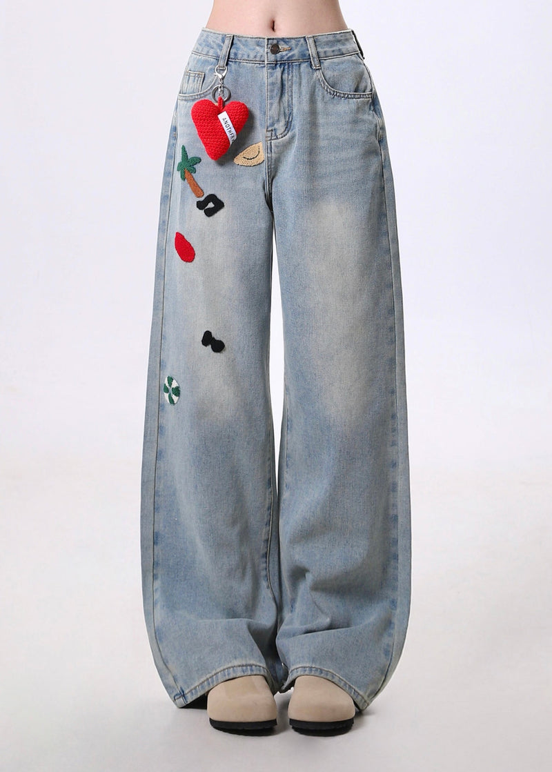 Blue Embroidered Pockets Denim Pants Spring