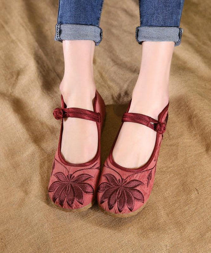 Buckle Strap Flat Feet Shoes Green Embroidered Cotton Fabric