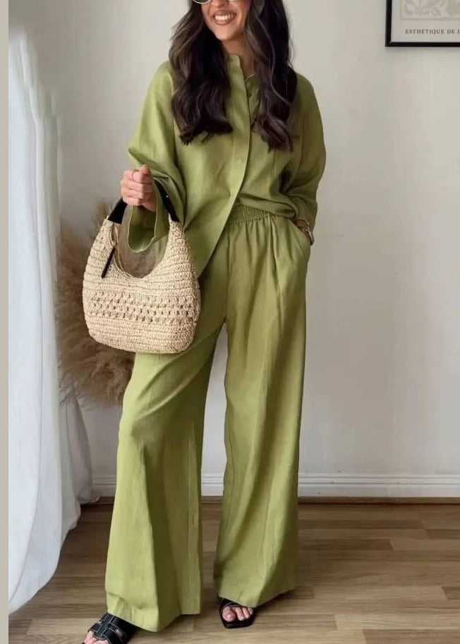 Green Tops and Pants Cotton Two-piece Set Fall