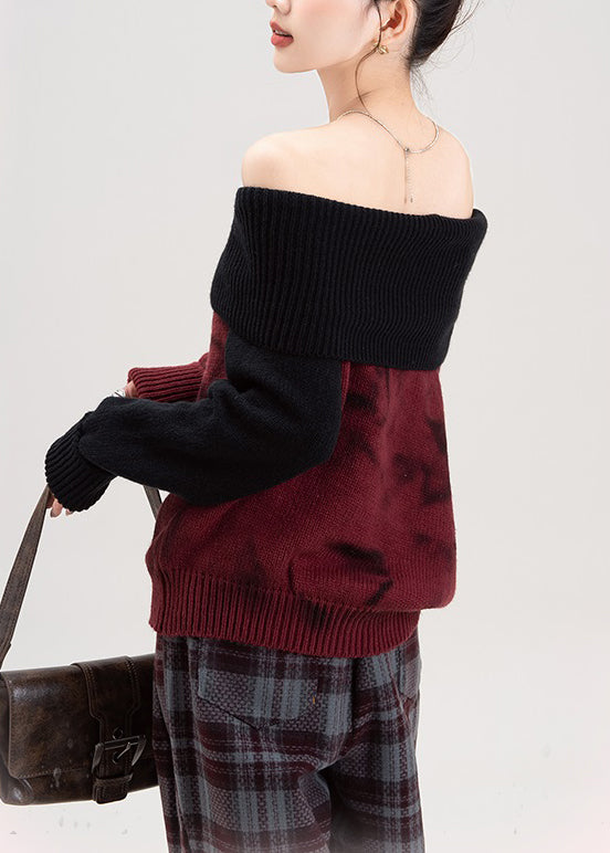 Red Cold Shoulder Patchwork Knit Sweaters Fall