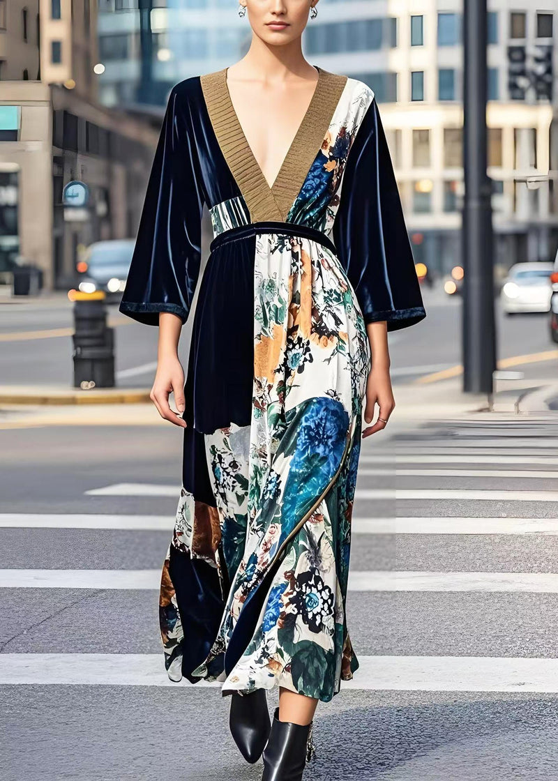 Dark V Neck Print Silk Velvet Cinched Dress Fall