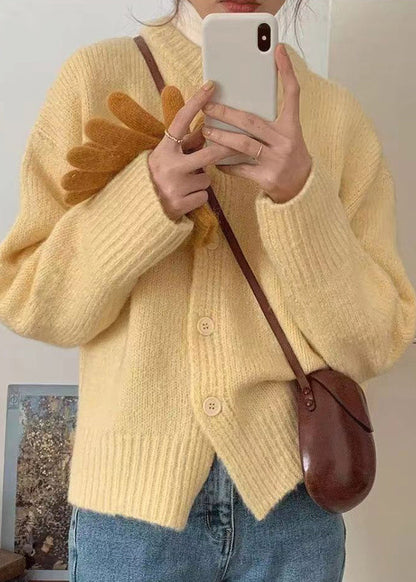 Italian Yellow O Neck Button Cotton Knit Coat Fall